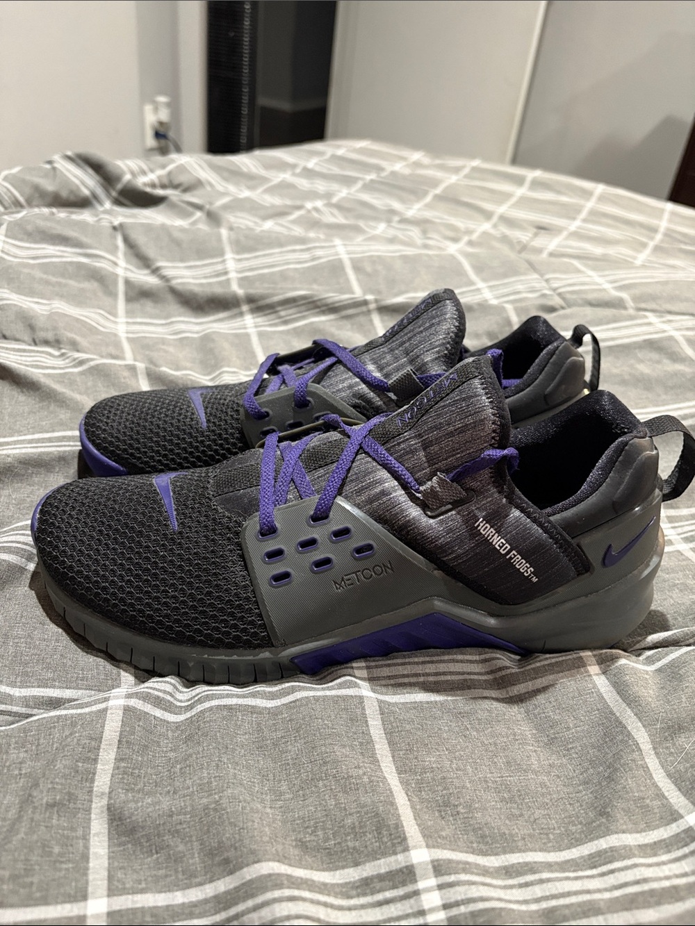 Nike Men's TCU Black and Purple Metcon Cross-Training Shoes